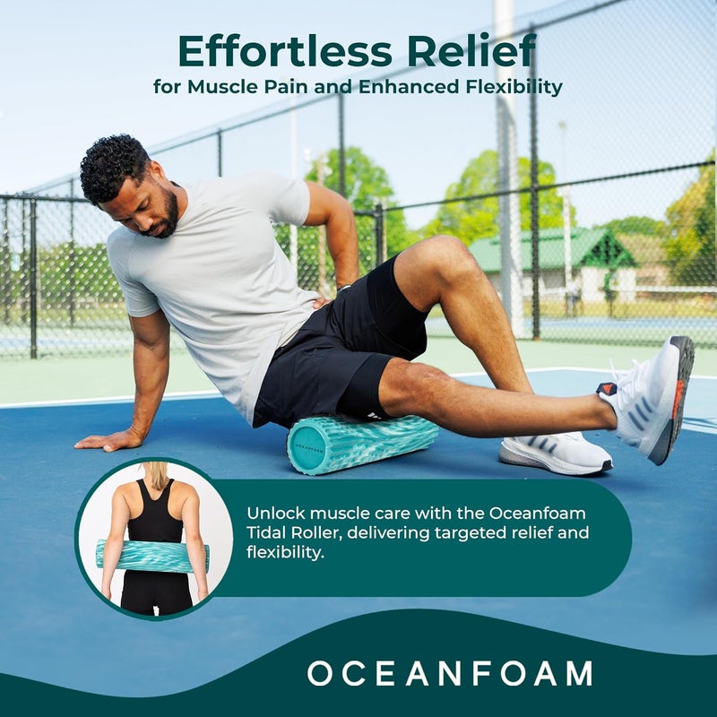 Oceanfoam Tidal Roller - Jade & Seafoam Marbled - Muscle Massage Foam Roller for Back Pain & Stretching - Firm and Ergonomic Wide Wave Textured - Yoga, Athletics, & Wellness - Full Size, 20" x 5" - Image 4